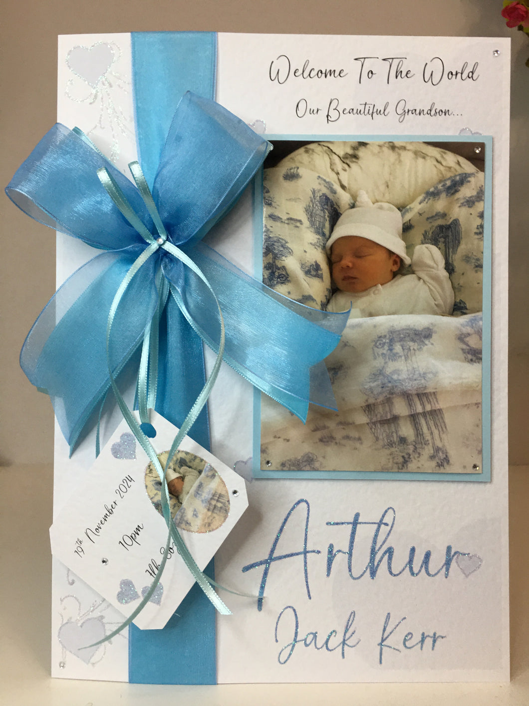 Ribbon & Bow Blue Hearts Luxury Photo Card with Tag