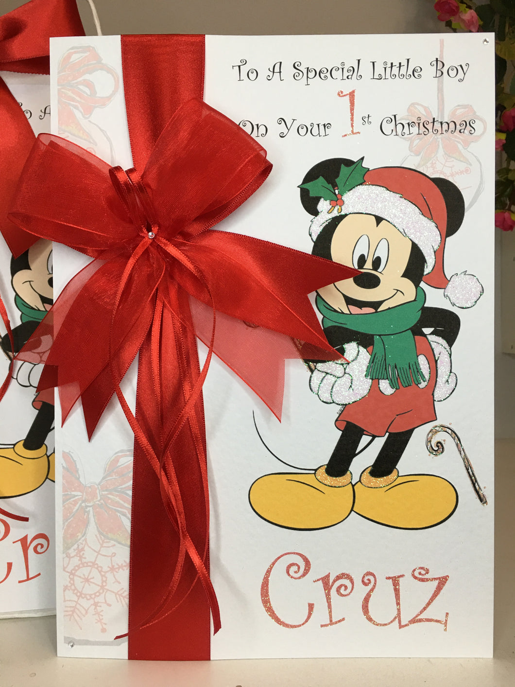 Ribbon  & Bow Mickey Mouse with Candy Cane Card
