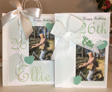 Load image into Gallery viewer, Personalised Velvet Ribbon Green Hearts Photo Card
