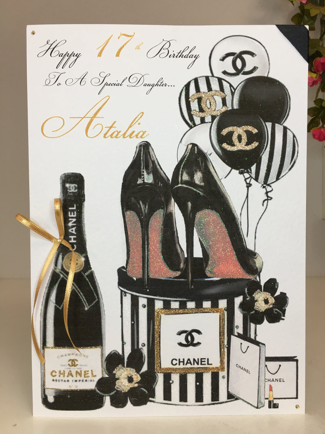 Heels with Box Balloons & Champagne Birthday Theme Card