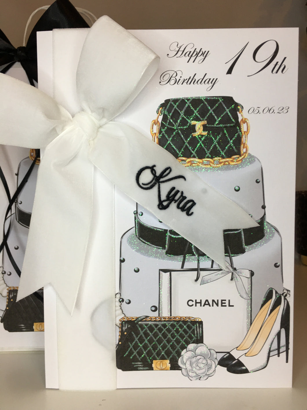 Personalised Velvet Ribbon Cake, Bag & Shoes Card