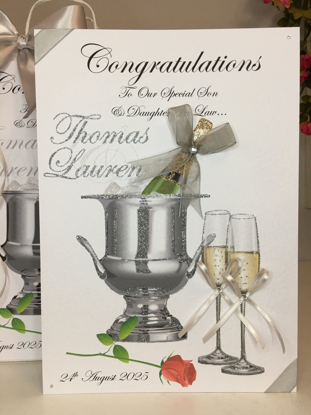 Champagne & Red Rose Engagement Card
