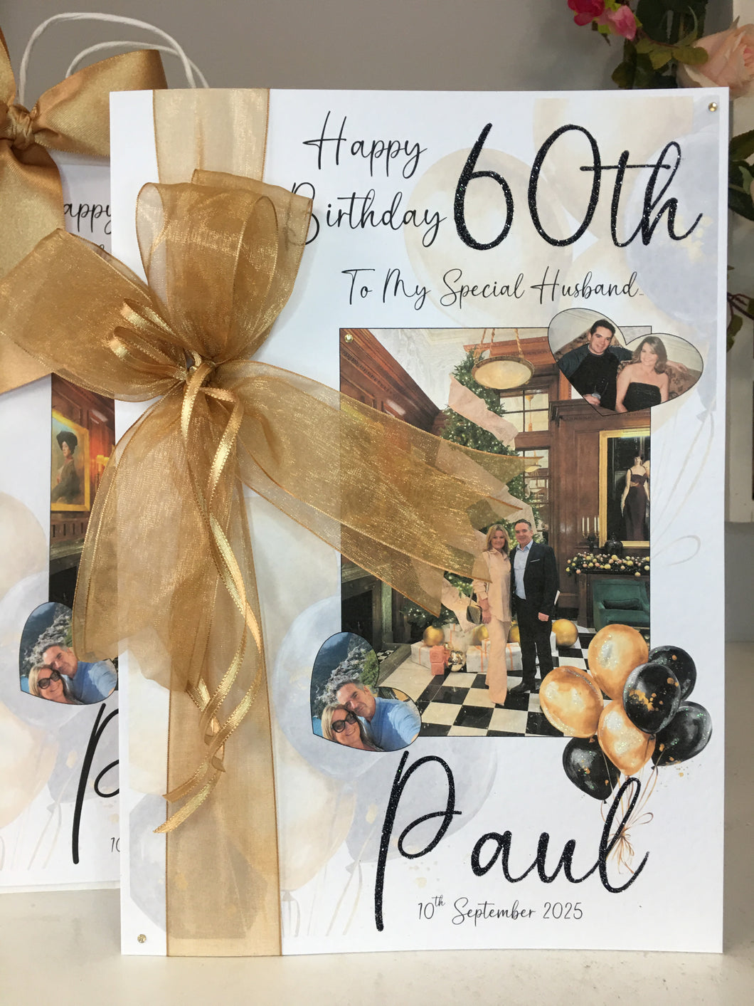 Ribbon & Bow Black & Gold Balloon Photo Card