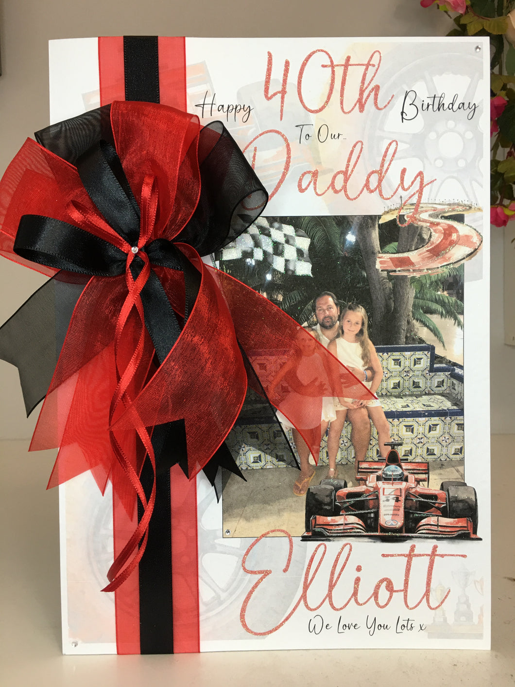 Ribbon & Bow Race Car Photo Card