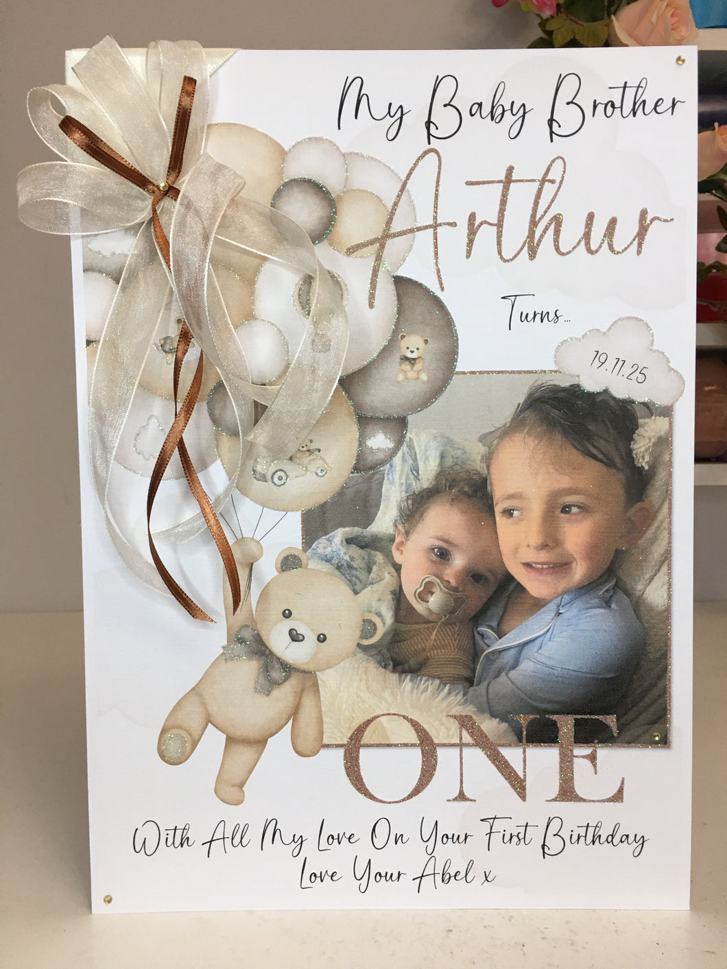 Teddy Bear Balloon Beige Photo Card