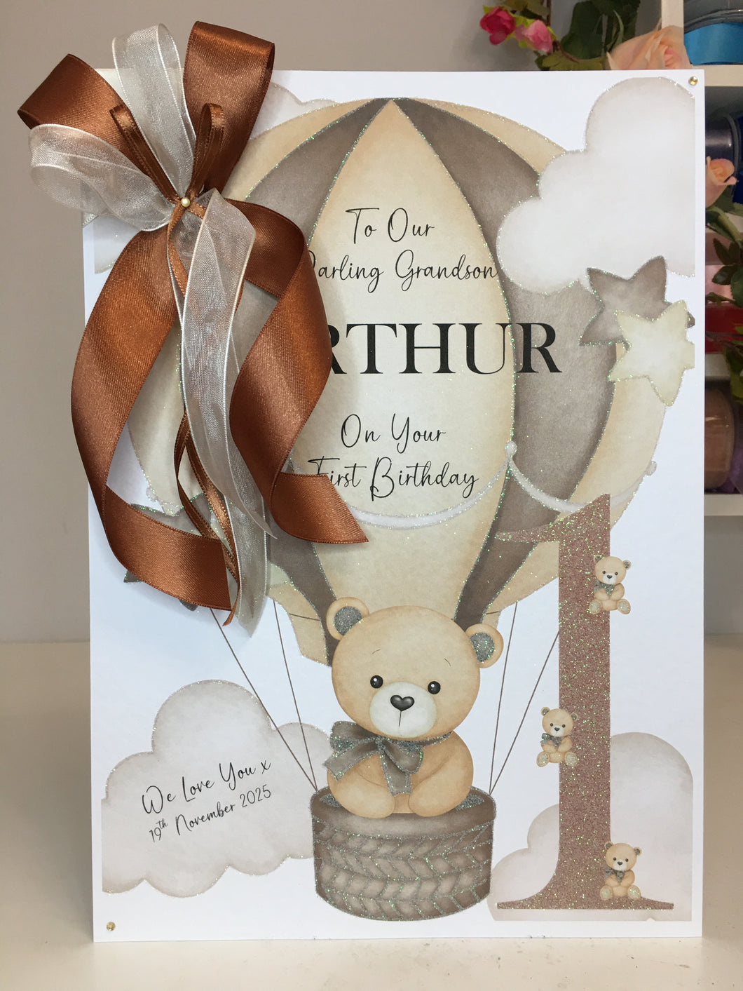 Teddy Bear Air Balloon Beige Card