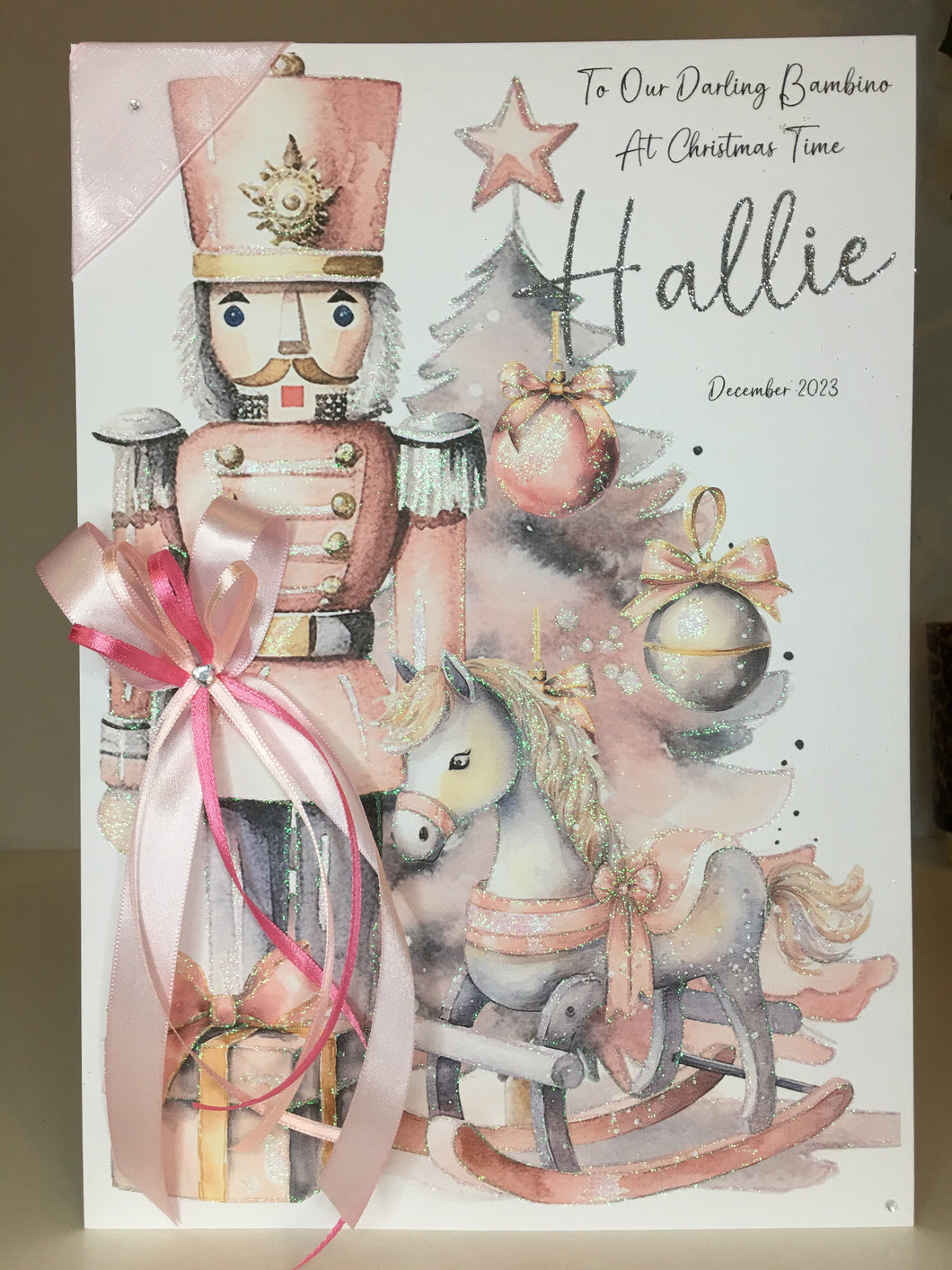 Christmas - Pink Nutcracker, Rocking Horse Xmas Tree Card