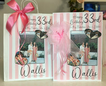 Load image into Gallery viewer, Ribbon &amp; Bow Pink &amp; White Stripe Hearts Photo Card
