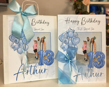 Load image into Gallery viewer, Ribbon &amp; Bow Blue Balloons Age Photo Card

