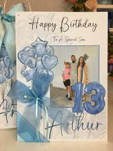 Load image into Gallery viewer, Ribbon &amp; Bow Blue Balloons Age Photo Card
