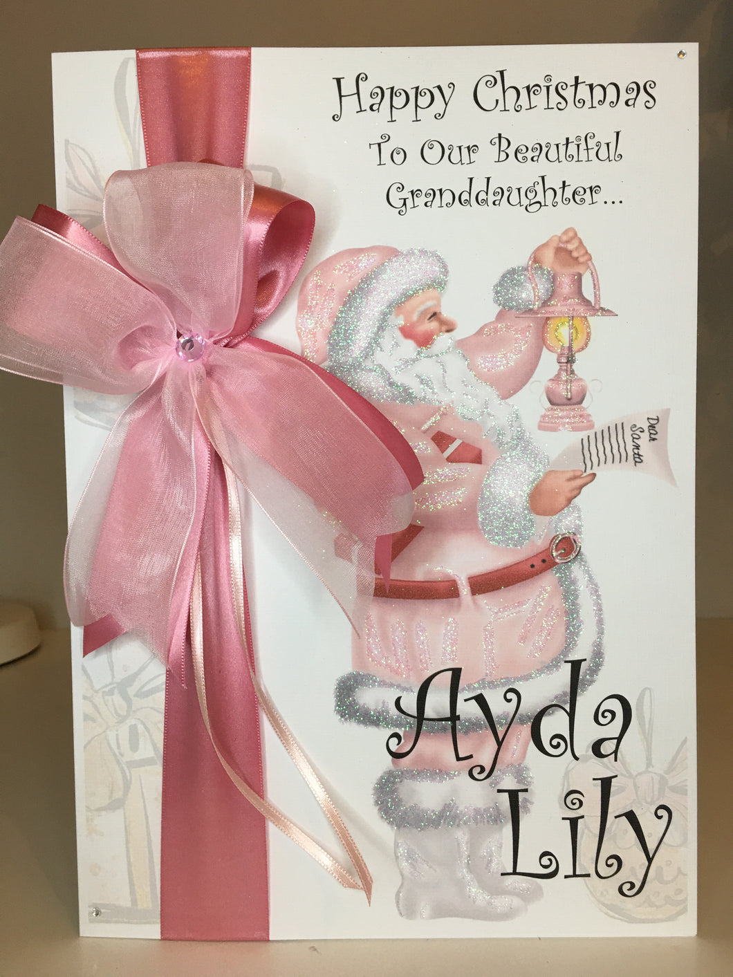 Ribbon & Bow Pink Santa Card