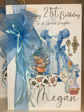 Load image into Gallery viewer, Ribbon &amp; Bow Mad Hatter Tea Party Blue Drink Me Card
