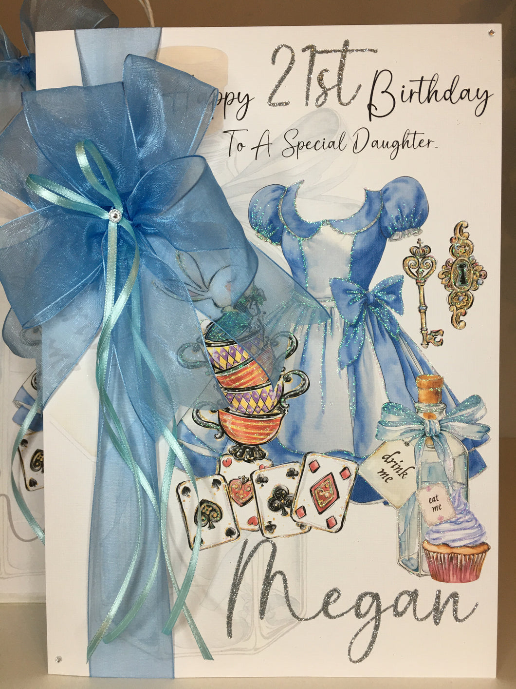 Ribbon & Bow Mad Hatter Tea Party Blue Drink Me Card