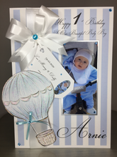 Load image into Gallery viewer, Blue/White Stripe Hot Air Balloon Pop Up with Tag Luxury Photo Card

