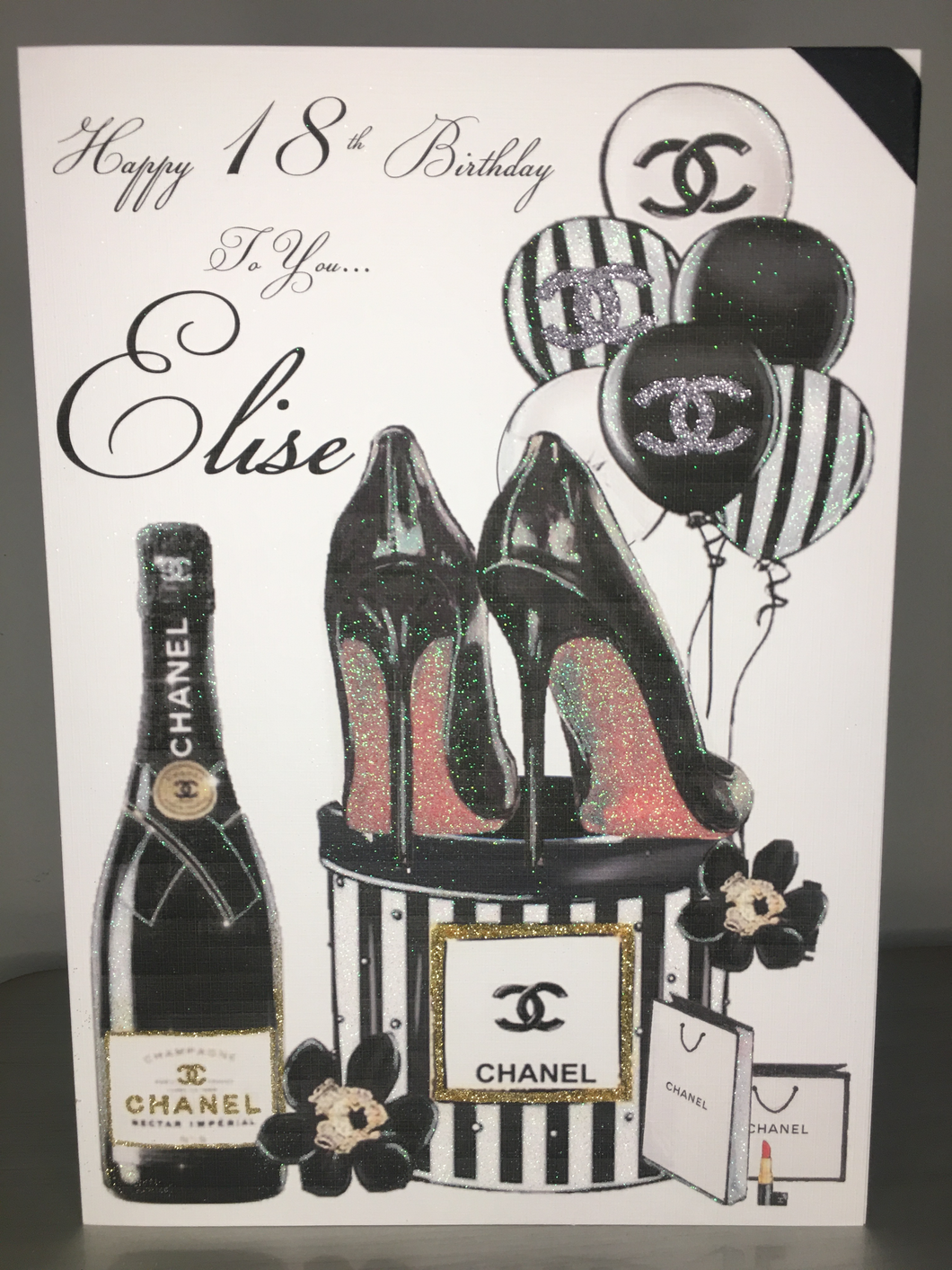 Heels with Box Balloons & Champagne Birthday Theme Card