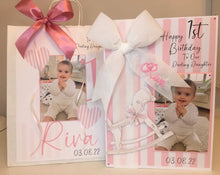 Load image into Gallery viewer, Personalised Velvet Ribbon Pink &amp; White Stripe Rocking Horse Pop Up Luxury Photo Card
