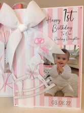 Load image into Gallery viewer, Personalised Velvet Ribbon Pink &amp; White Stripe Rocking Horse Pop Up Luxury Photo Card
