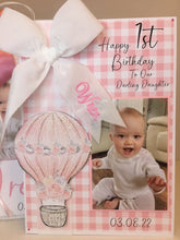 Load image into Gallery viewer, Personalised Velvet Ribbon Gingham Hot Air Balloon Pop Up Luxury Photo Card
