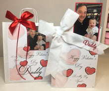 Load image into Gallery viewer, Personalised White Velvet Ribbon Red Hearts Luxury Photo Card
