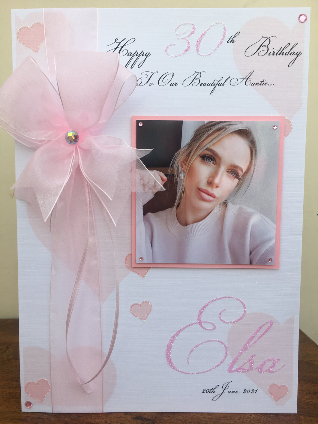 Ribbon & Bow Pink with Hearts Luxury Photo Card