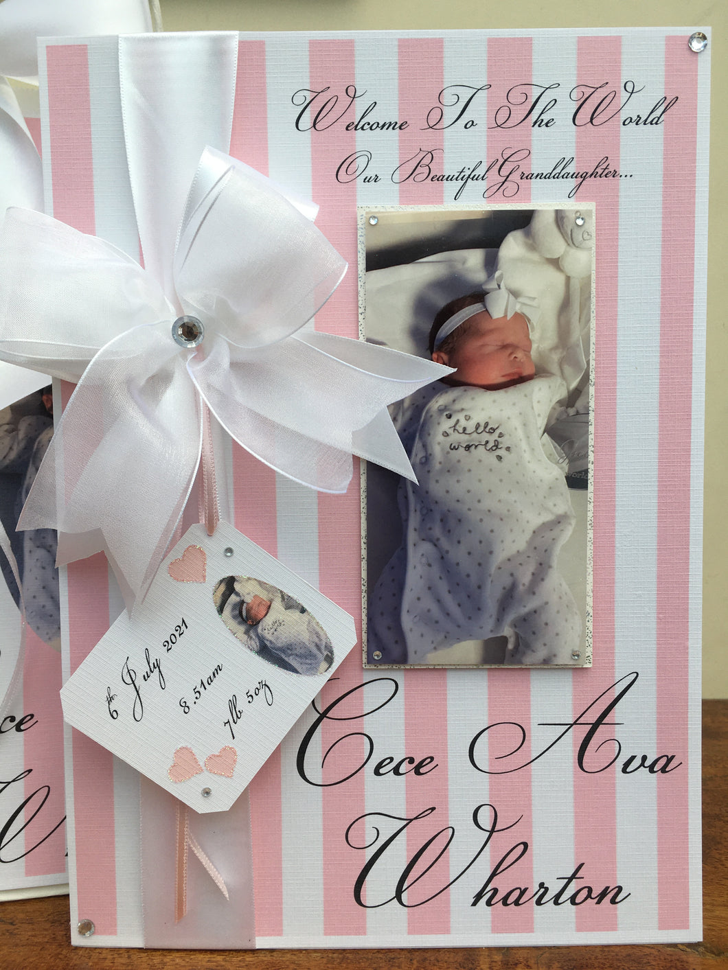 Ribbon & Bow Pink/White Stripe Luxury Photo Card with Tag