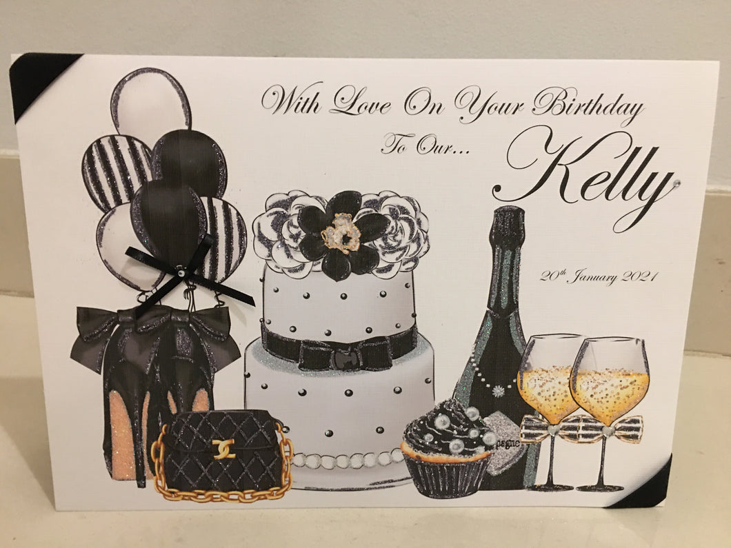 Cake, Balloons, Heels, Bag Birthday Theme Landscape Card