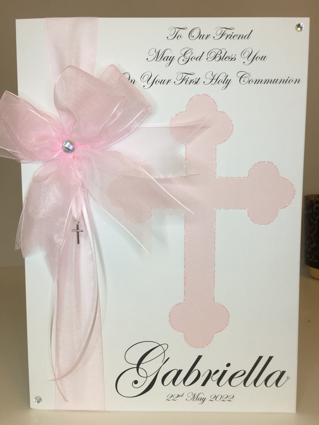 Ribbon & Bow Pink Cross Charm Card