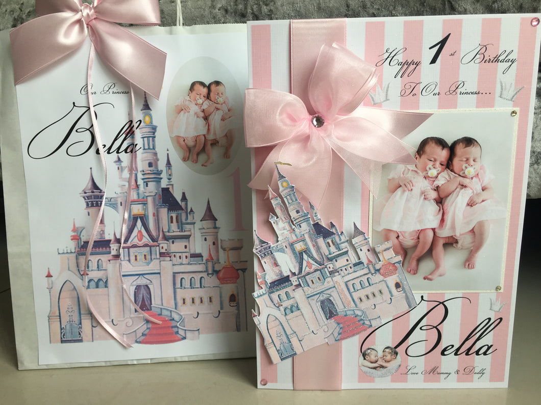 Ribbon & Bow Pink/White Stripe Pop Up Castle Luxury Photo Card