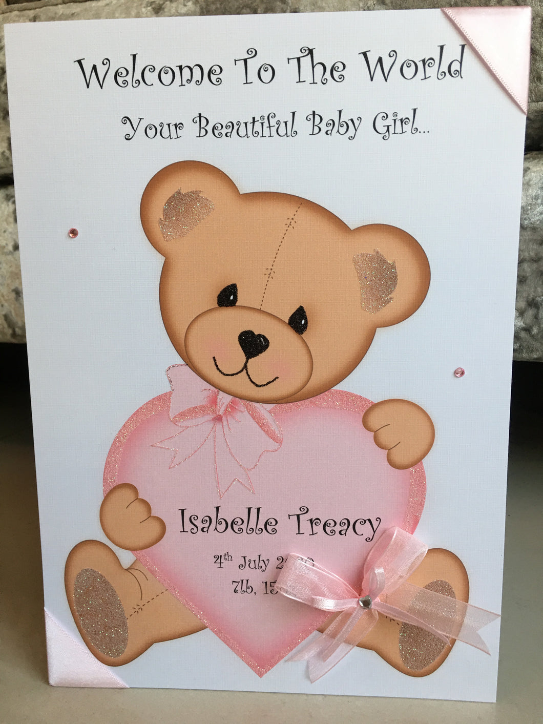 Pink Bear with Heart New Born Card