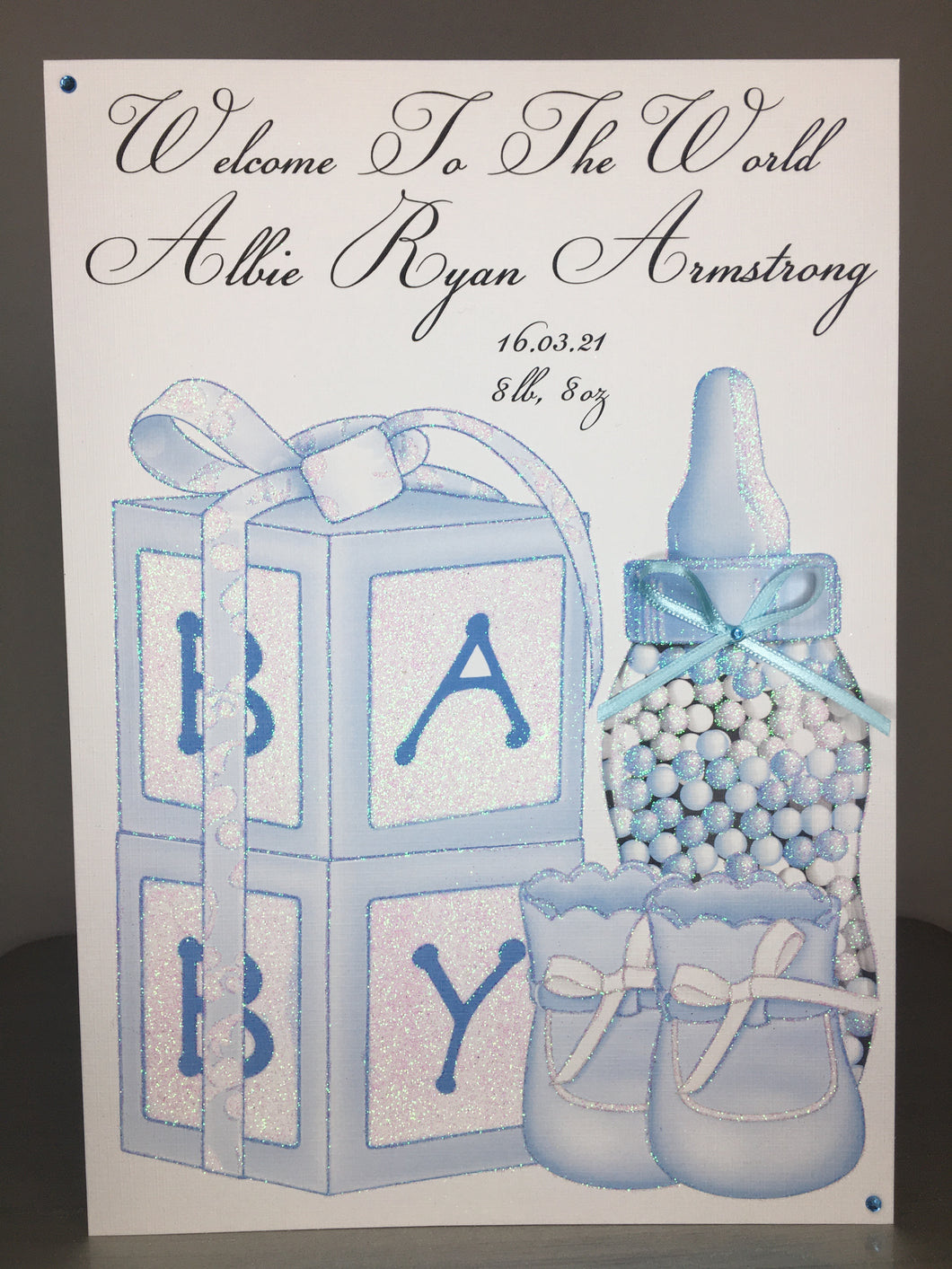 Blue Baby Bottle & Shoes New Born Card