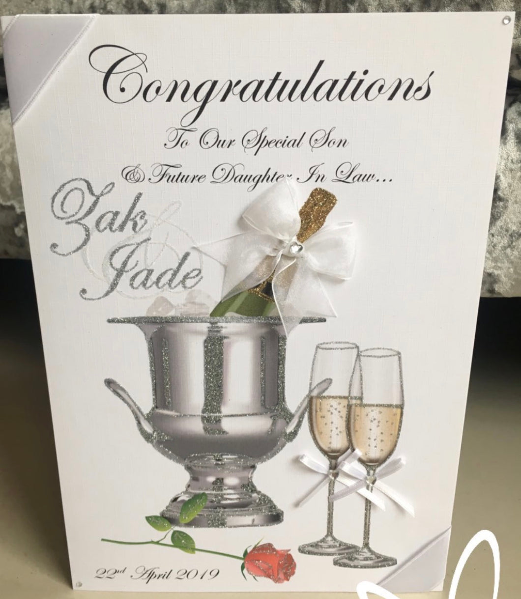 Champagne & Red Rose Engagement Card