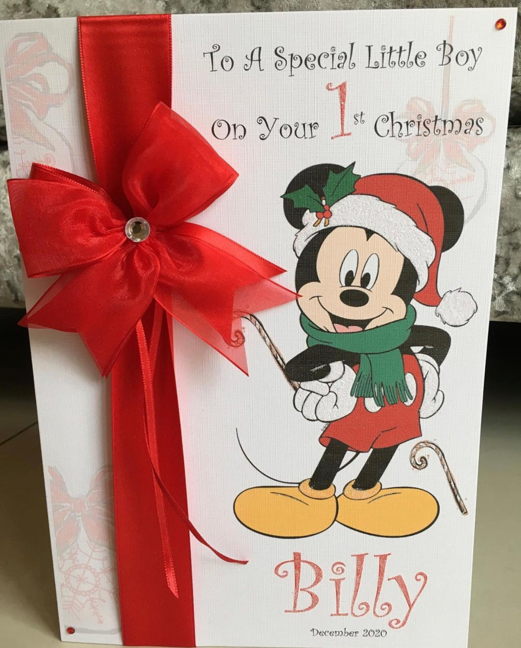 Ribbon  & Bow Mickey Mouse with Candy Cane Card