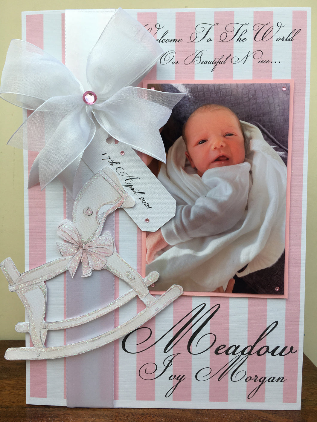 Pink & White Stripe Ribbon & Bow Rocking Horse Pop Up with Tag Luxury Photo Card