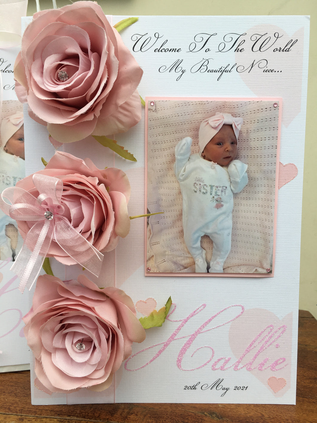 Artificial Rose Luxury Photo Card with Pink Hearts