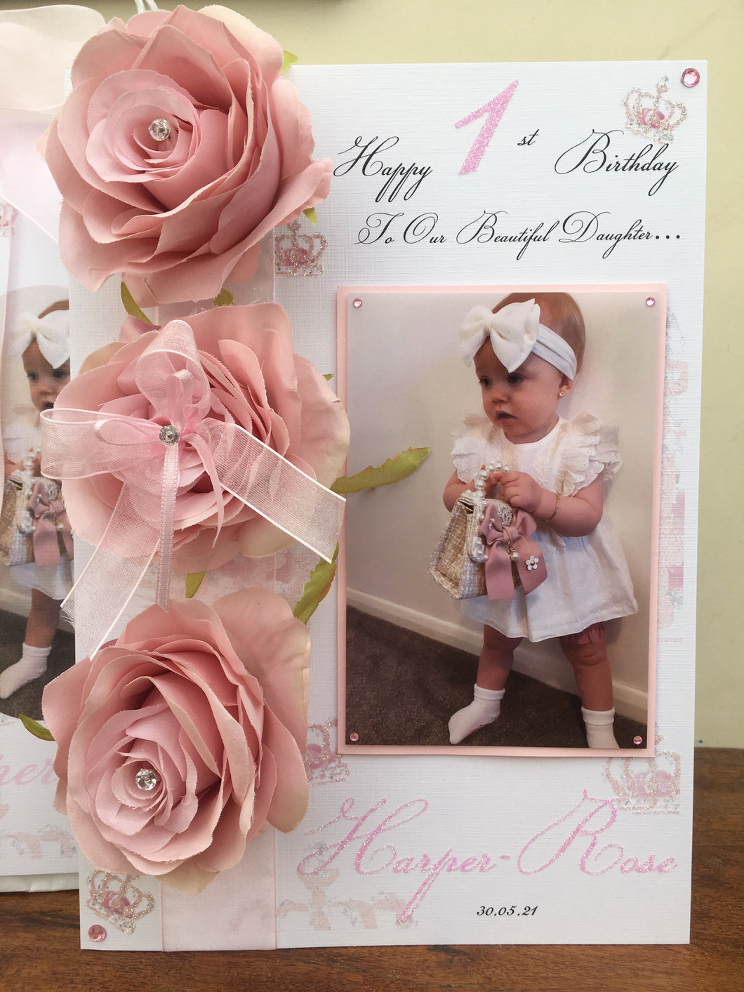 Artificial Rose Luxury Photo Card with Pink Crowns
