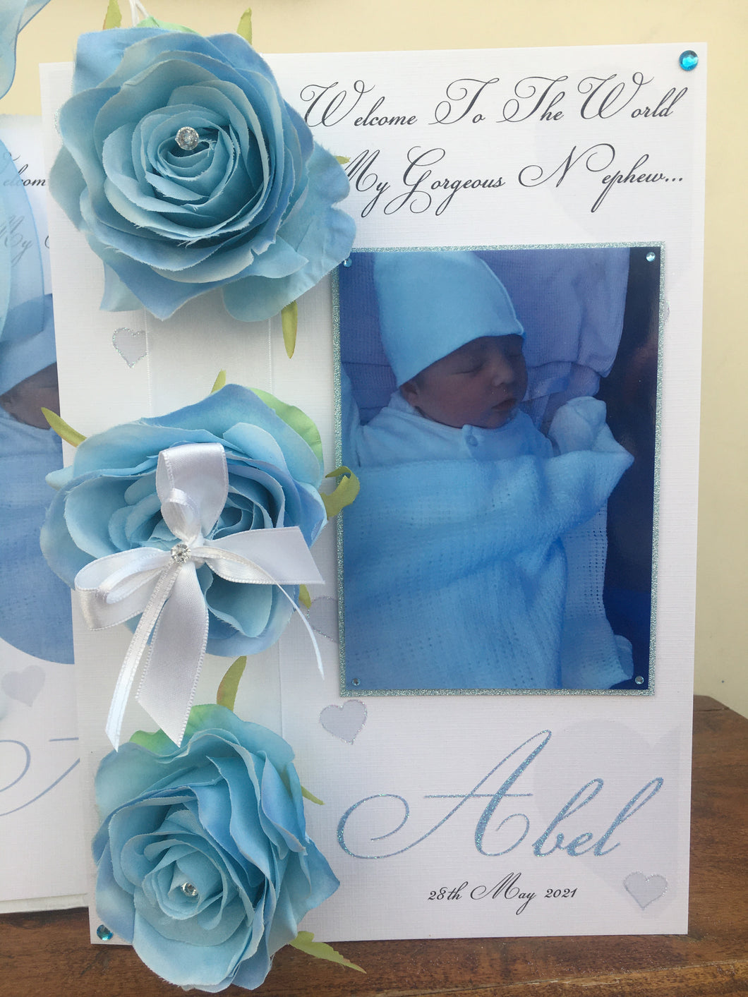 Artificial Rose Luxury Photo Card with Blue Hearts