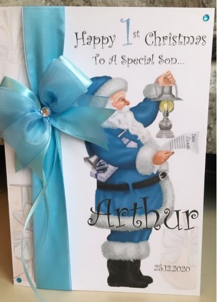 Ribbon & Bow Blue Santa Card